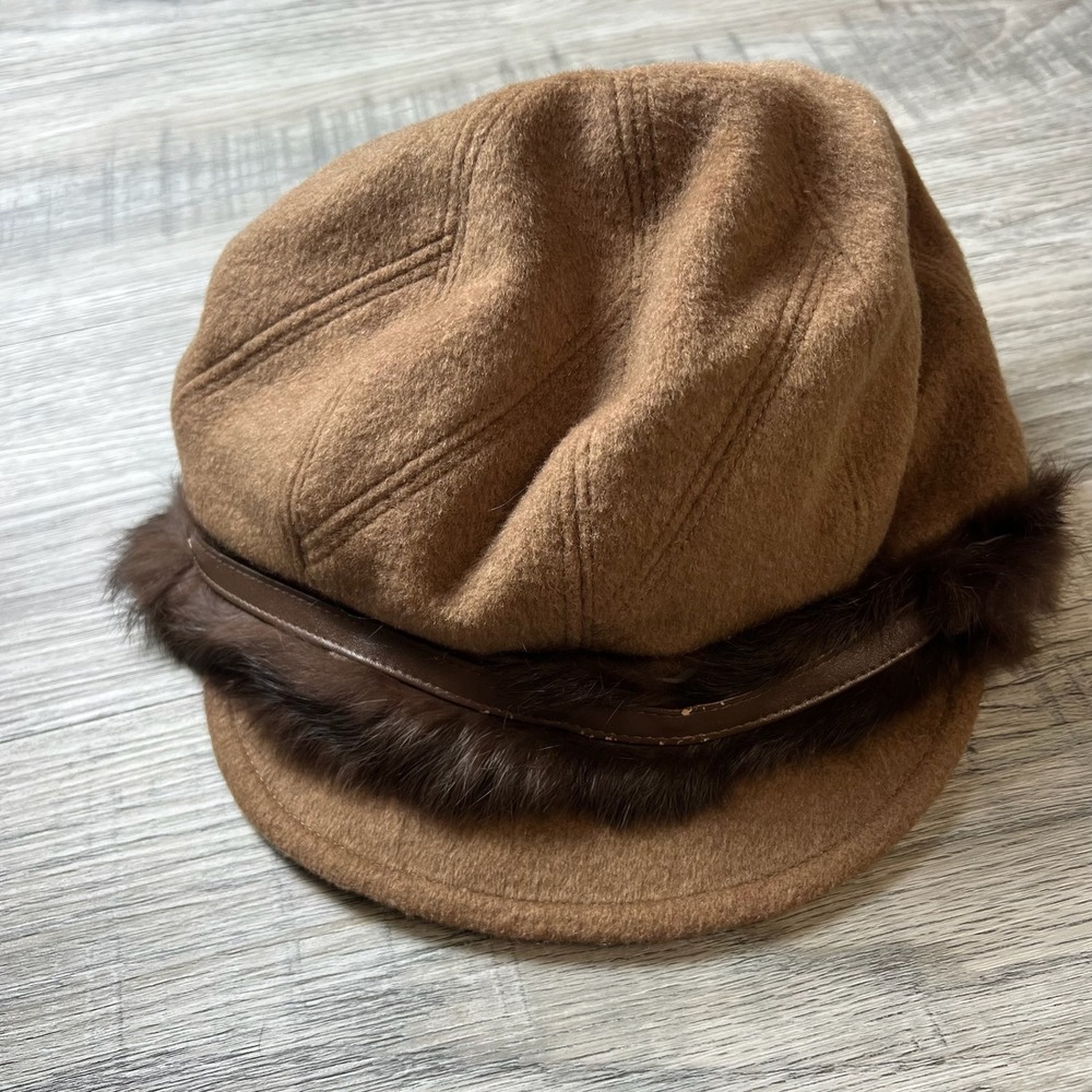 Siggi‎ Newsboy Cap Women 57.5cm Brown Wool Blend Rabbit Fur Trim Vintage Hat